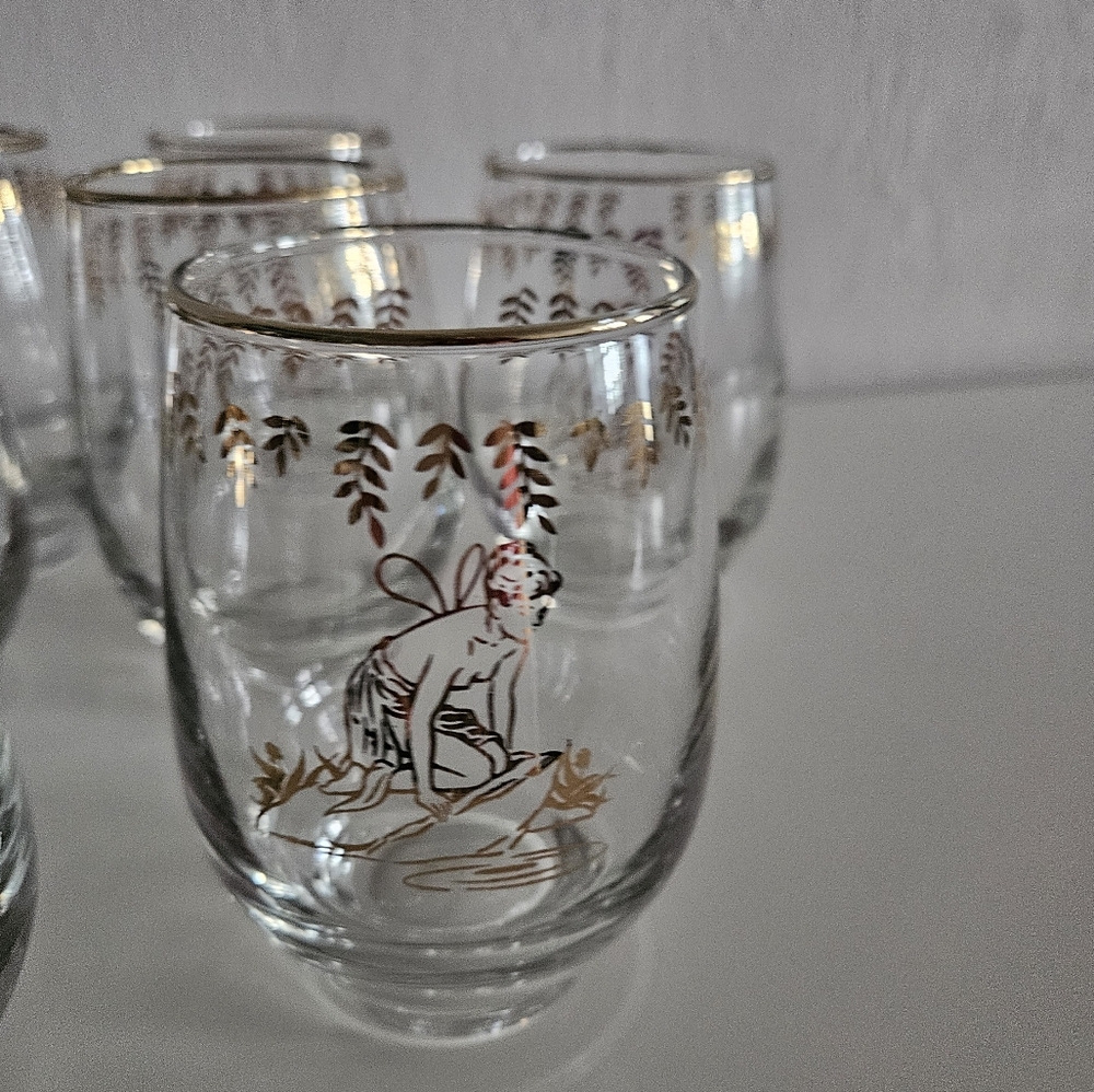 VTG 1950s LIBBEY White Rock Girl Gold Painted Stemless Glasses | Set of 10